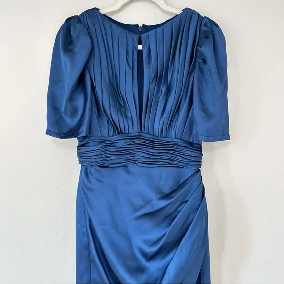 Mac Duggal Silky Pleated Maxi Dress Puff Sleeve Draped Slit Wedding Guest - Picture 4 of 12